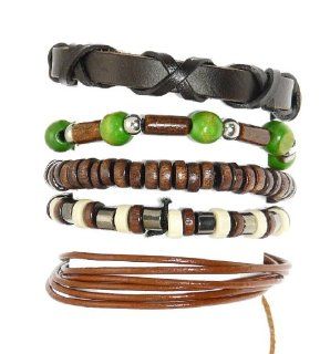 Neptune Giftware Set Of 5 Wood Bead / Cord & Leather Surf Surfer Style Bracelets Wristbands   (ONE BRACELET HAS A MAX WRIST SIZE OF 17 cm)   217 Jewelry