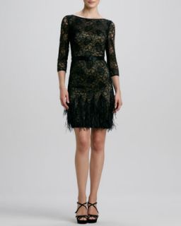 Womens Lace Feather Hem Cocktail Dress   Theia   Black/Gold (8)