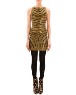 Womens Beaded Tiger Stripe Sleeveless Dress   Balmain   Black gold (38/4)