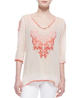 Womens Baudelio 3/4 Sleeve Embroidered Blouse, Blush   Johnny Was Collection  