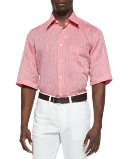 Mens Short Sleeve Button Down Linen Shirt, Coral   Brioni   Coral (LARGE)