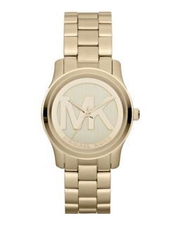 Mid Size Golden Stainless Steel Logo Three Hand Watch   Michael Kors   Gold