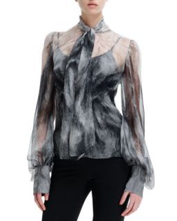 Womens Chiffon Fox Fur Print Long Sleeve Blouse   Alexander McQueen   Fox