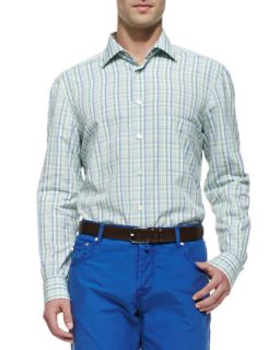 Mens Check Button Down Shirt, Green/Blue   Kiton   Green (MEDIUM)