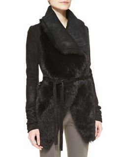 Womens Lamb Fur Front Suede Jacket with Jersey Insets, Black   Donna Karan  