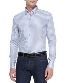 Mens Striped Long Sleeve Shirt, Gray/Blue/White   Ermenegildo Zegna   Blue (XL)