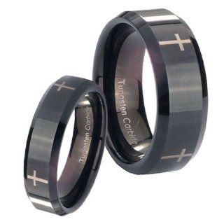 His and Hers 2pcs Tungsten 4 Crosses Black Pipe Cut Ring Set Size 4, 7 Jewelry