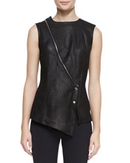 Womens Leather/Scuba Knit Asymmetric Top   Veronica Beard   Soft black (4)