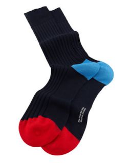 Mens Mid Calf Ribbed Socks with Contrast Heel & Toe, Navy   Pantherella   Navy