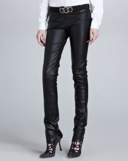 Womens Low Rise Skinny Leather Pants, Black   Oscar de la Renta   Black (6)
