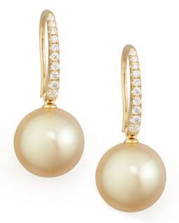 Golden South Sea Pearl and Diamond Drop Earrings, Yellow Gold   Eli Jewels  