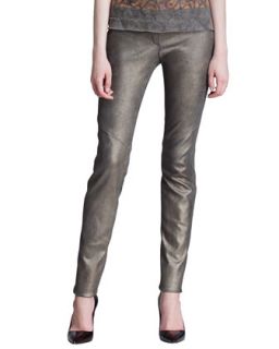 Womens Leather Leggings with Metallic Sheen   Escada   Anthracite (X LARGE)