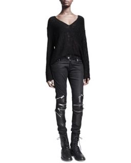 Womens Zip Detail Leather Knee Jeans   Saint Laurent   Nero (28)