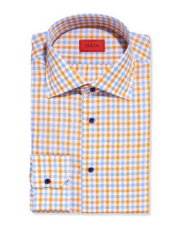 Mens Woven Check Dress Shirt, Orange/Blue   Isaia   Orange (16)