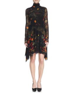 Womens Long Sleeve Turtleneck Floral Print Dress, Brown/Multi   Jean Paul