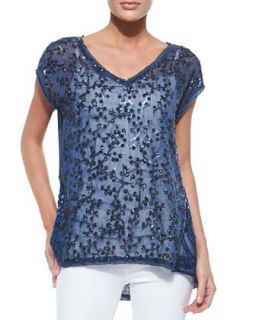 Womens Floral Applique V Neck Linen & Silk Top   in CASHMERE   Navy (SMALL (4 