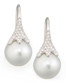 White South Sea Pearl & Diamond Drop Earrings, 0.56ct   Eli Jewels   White