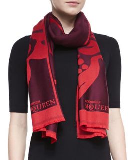 Floral Skull Oversized Wool Scarf, Red   Alexander McQueen   Red