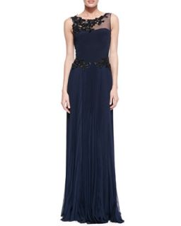 Womens Sleeveless Gown with Lace Top & Waist Detail   Notte by Marchesa   Navy
