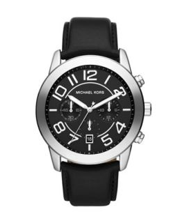 Oversize Black Leather Mercer Chronograph Watch   Michael Kors   Black