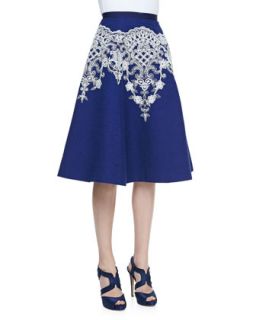 Womens Embroidered Full Skirt, Lapis/White   Oscar de la Renta   Lapis