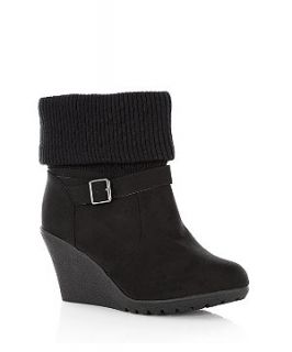 Wide Fit Black Knitted Cuff Wedge Ankle Boots
