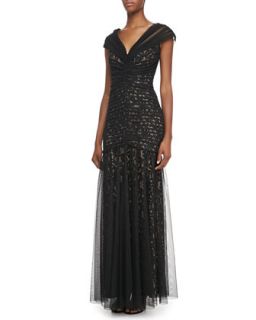 Womens V Neck Lace and Tulle Gown   Tadashi Shoji   Black/Nude (4)