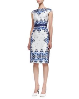 Womens Cap Sleeve Baroque Print Dress, Blue/White   David Meister   Blue/White