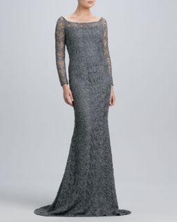 Womens Boat Neck Lace Gown with Metallic Highlights   Carmen Marc Valvo  
