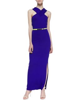 Womens Jessami Sleeveless Halter Neon Stripe Stretch Knit Dress, Mid Purple  
