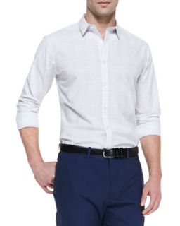 Mens Windowpane Button Down Shirt, White/Light Gray   Theory   White/Lt.grey