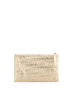Medium Zip Top Pearlized Linen Check Clutch Bag, Platinum   Lauren Merkin