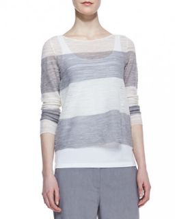 Womens Striped Sheer Box Top   Eileen Fisher   Pewter (L (14/16))