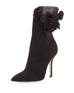 Carmen Suede Flower Ankle Boot, Black   Oscar de la Renta   Black (40.0B/10.0B)