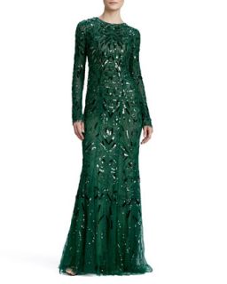 Womens Beaded & Embroidered Long Sleeve Gown   Monique Lhuillier   Emerald (4)
