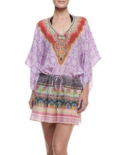 Womens Printed Silk Drawstring Coverup Mini Dress   Camilla   Kaylan (ONE SIZE)