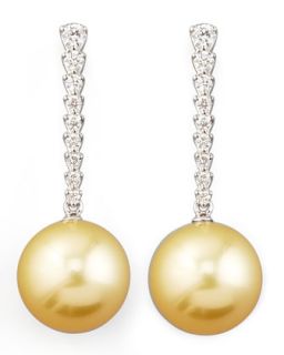 Golden South Sea Pearl & Diamond Bar Drop Earrings   Eli Jewels   Gold