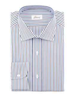 Mens Striped Dress Shirt, Brown/Blue   Brioni   Blue (17 1/2L)