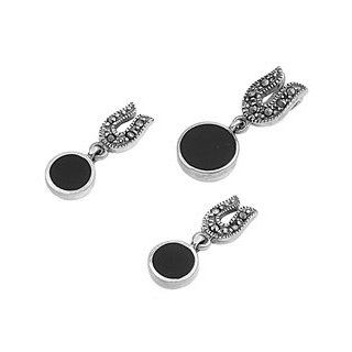 BLACK ONYX ROUND DANGLE, Sterling Silver Rim Earrings and Pendant Jewelry Set Jewelry