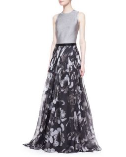 Womens Sleeveless Mixed Media Floral Gown   Carmen Marc Valvo   Pewter/Black