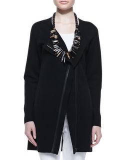 Womens Leather Trim Long Jacket   Eileen Fisher   Black (XL (18))
