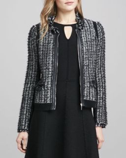 Womens Leather Trim Tweed Jacket   Rebecca Taylor   Black/White (LARGE)