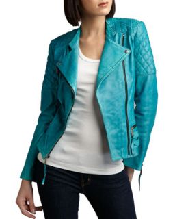 Womens Quilted Detail Leather Jacket   Turquoise (MEDIUM/8 10)