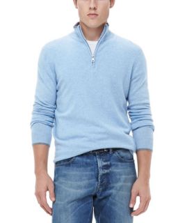 Mens Half Zip Sweater with Contrast Trim, Light Blue   Light blue (XX LARGE)