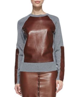 Womens Long Sleeve Leather Block Sweatshirt   Reed Krakoff   Grey/Vicuna