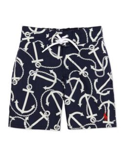 Sanibel Anchor Print Swim Trunks, Navy, 2T 3T   Ralph Lauren Childrenswear