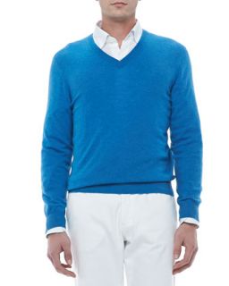 Mens V Neck Pullover Sweater, Teal   Ermenegildo Zegna   Turquoise (LARGE)