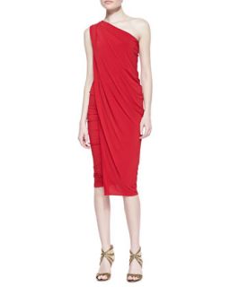 Womens One Shoulder Jersey Cocktail Dress, Black   Donna Karan   Lipstick red
