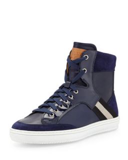 Mens Perforated Leather Logo Sneaker, Navy   Bally   Navy (8.5D)