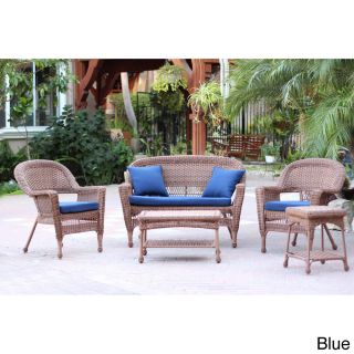 Zest Avenue Honey Wicker 5 piece Conversation Set With Cushions Blue Size 5 Piece Sets
